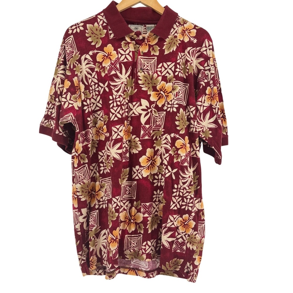Tropical Cotton Hibiscus Colorful Luau‎ Mens XL Polo Shirt Burgundy Shirt Short